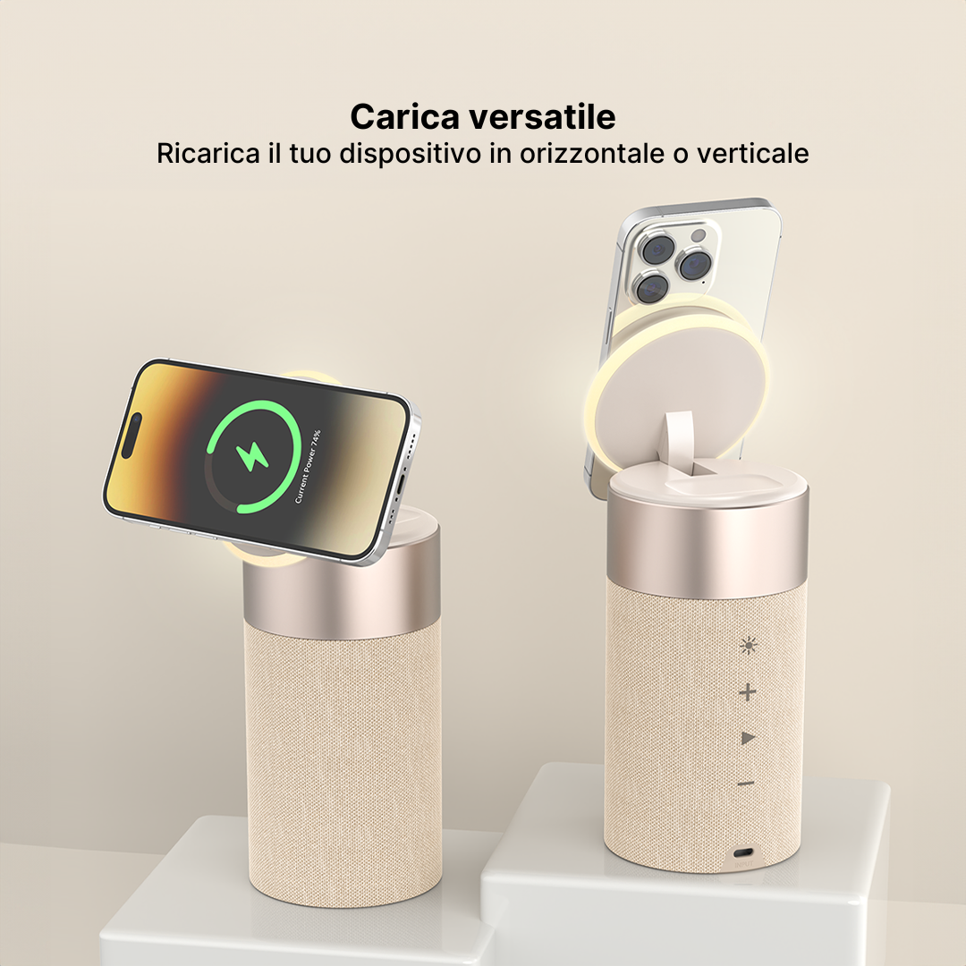 Stazione di Ricarica Wireless 3 in 1 con Altoparlante Bluetooth e Luce Notturna