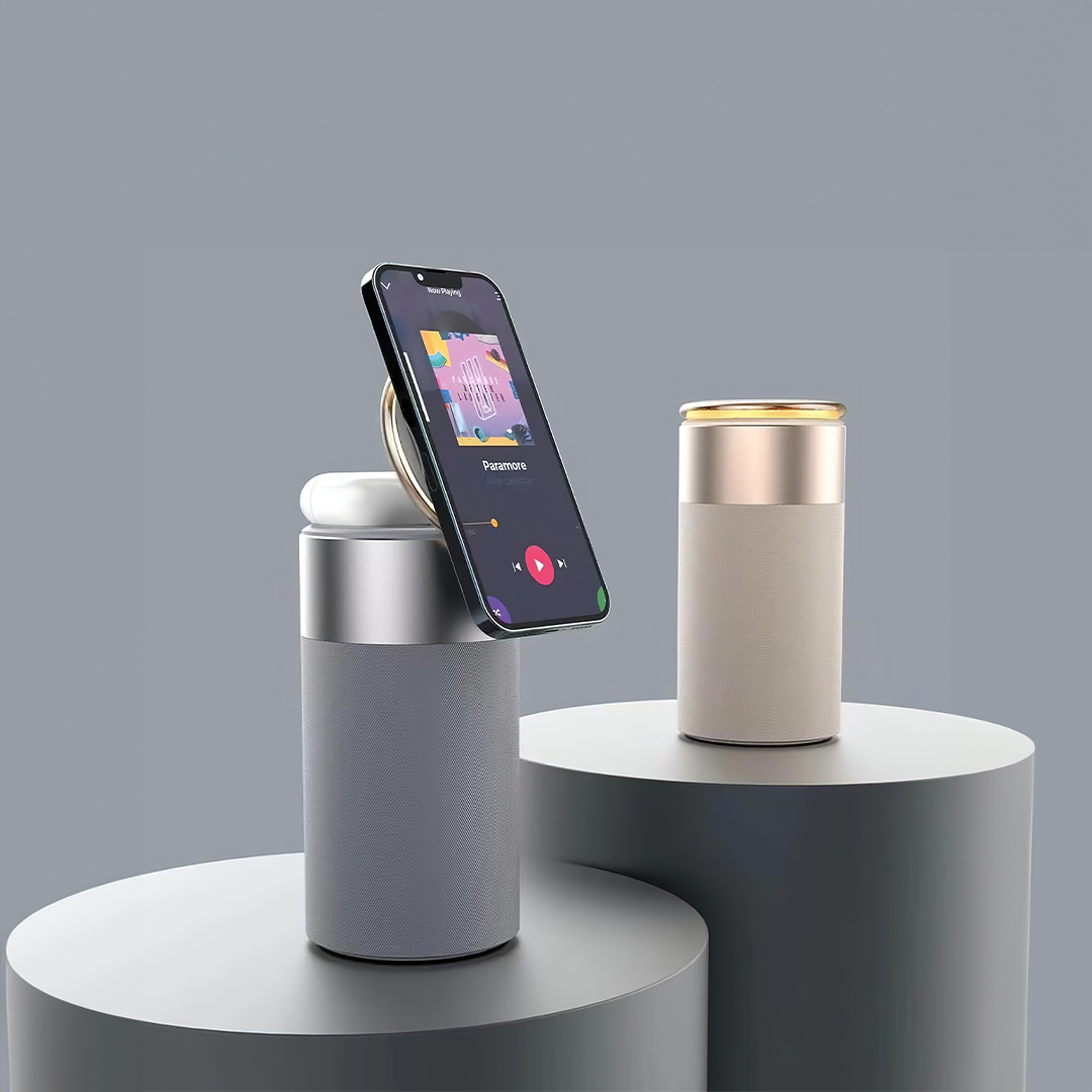 Stazione di Ricarica Wireless 3 in 1 con Altoparlante Bluetooth e Luce Notturna