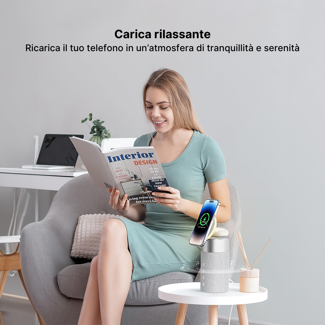Stazione di Ricarica Wireless 3 in 1 con Altoparlante Bluetooth e Luce Notturna