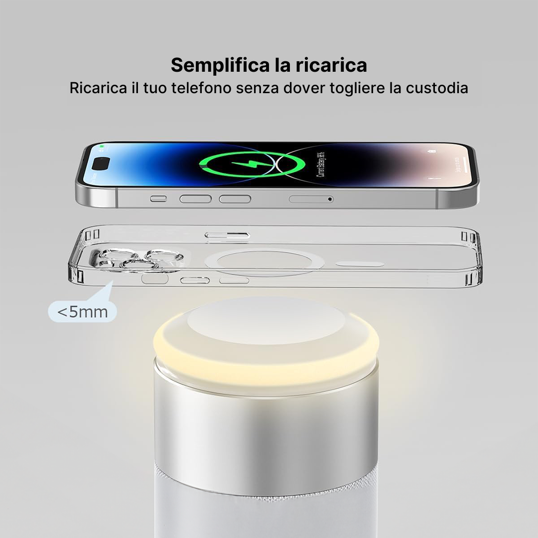 Stazione di Ricarica Wireless 3 in 1 con Altoparlante Bluetooth e Luce Notturna