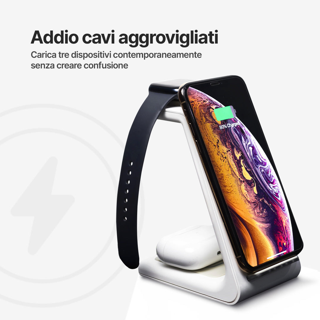 Stazione di Ricarica Wireless 3 in 1, Compatibile con Apple, Samsung, Orologi e AirPods