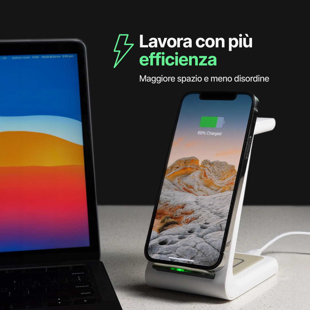 Stazione di Ricarica Wireless 3 in 1, Compatibile con Apple, Samsung, Orologi e AirPods