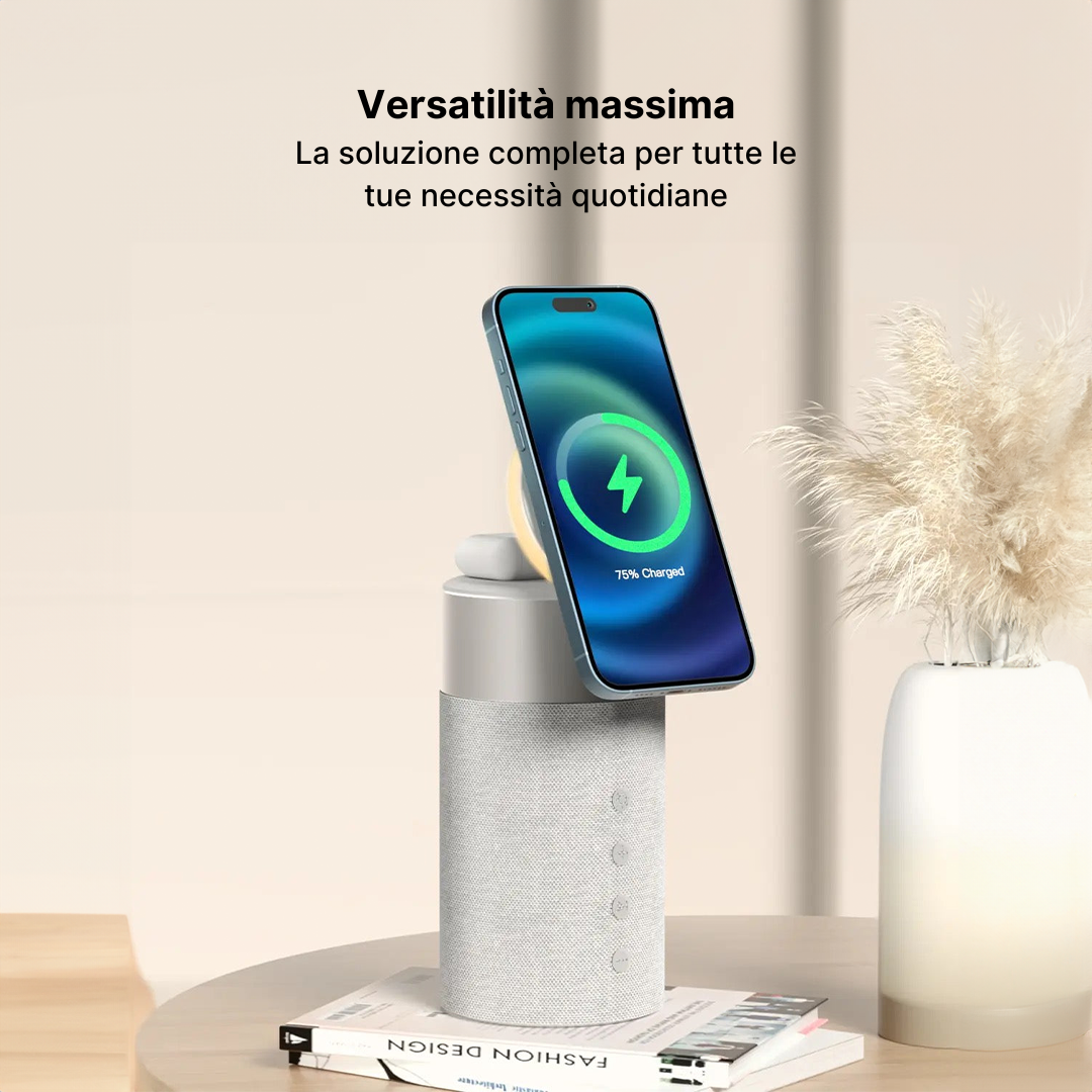 Stazione di Ricarica Wireless 3 in 1 con Altoparlante Bluetooth e Luce Notturna