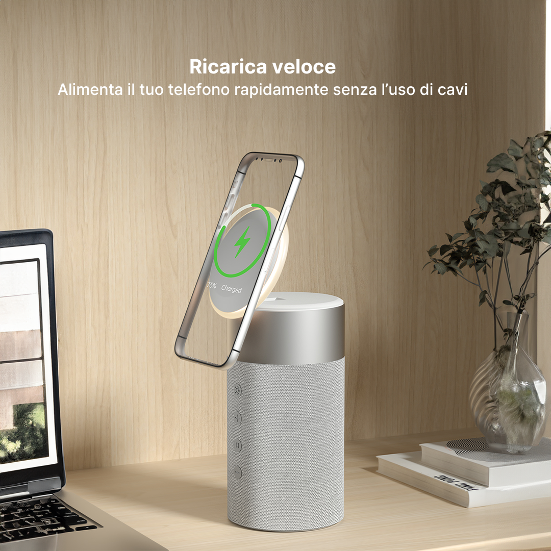 Stazione di Ricarica Wireless 3 in 1 con Altoparlante Bluetooth e Luce Notturna