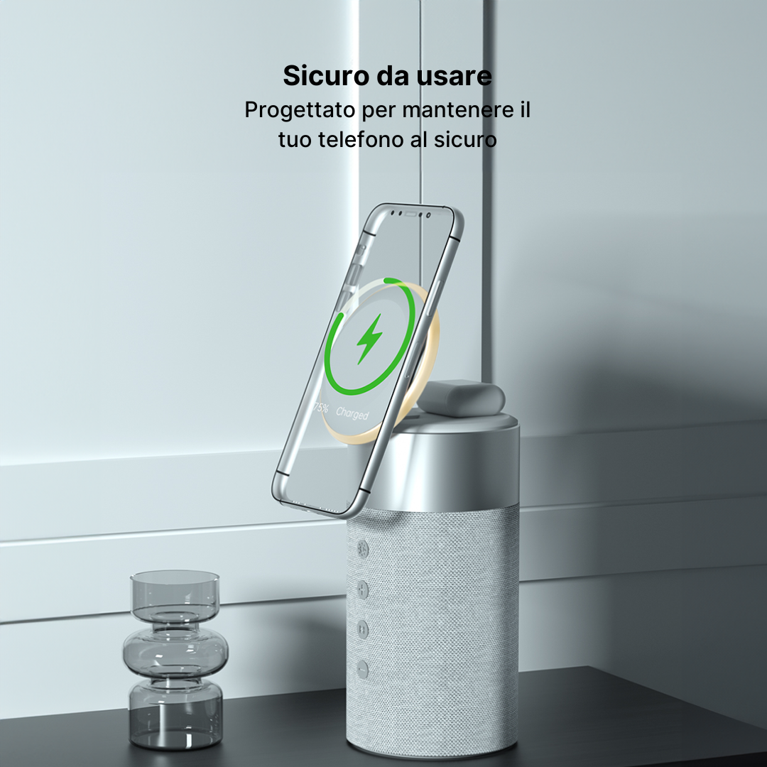 Stazione di Ricarica Wireless 3 in 1 con Altoparlante Bluetooth e Luce Notturna