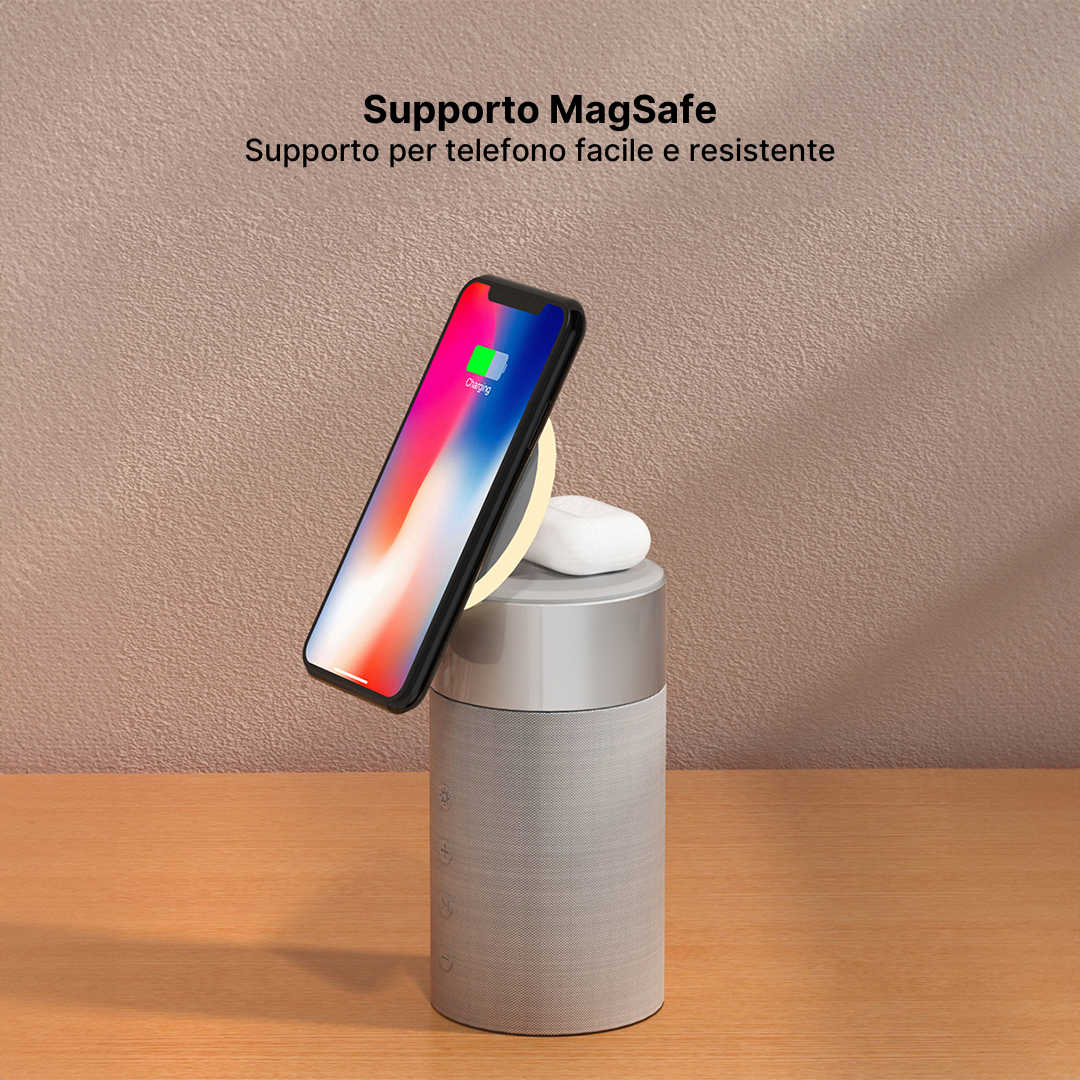 Stazione di Ricarica Wireless 3 in 1 con Altoparlante Bluetooth e Luce Notturna