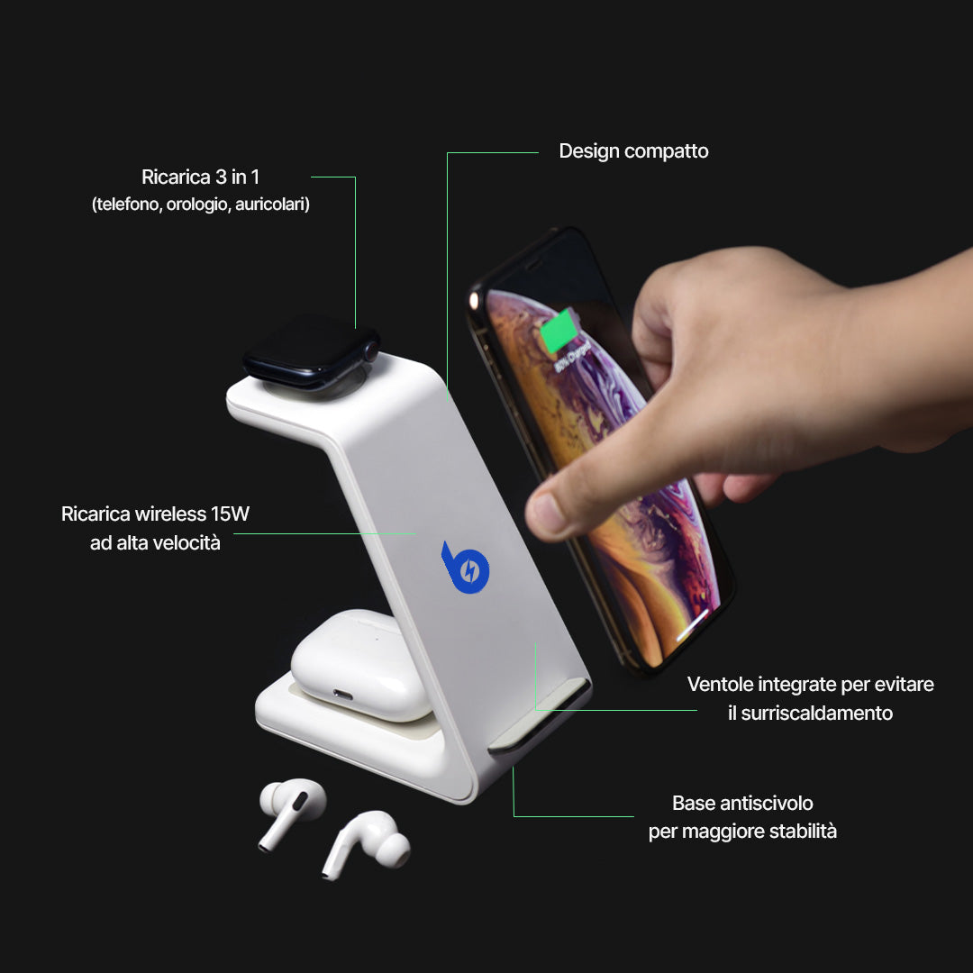 Stazione di Ricarica Wireless 3 in 1, Compatibile con Apple, Samsung, Orologi e AirPods
