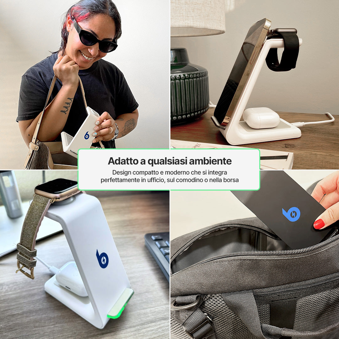 Stazione di Ricarica Wireless 3 in 1, Compatibile con Apple, Samsung, Orologi e AirPods