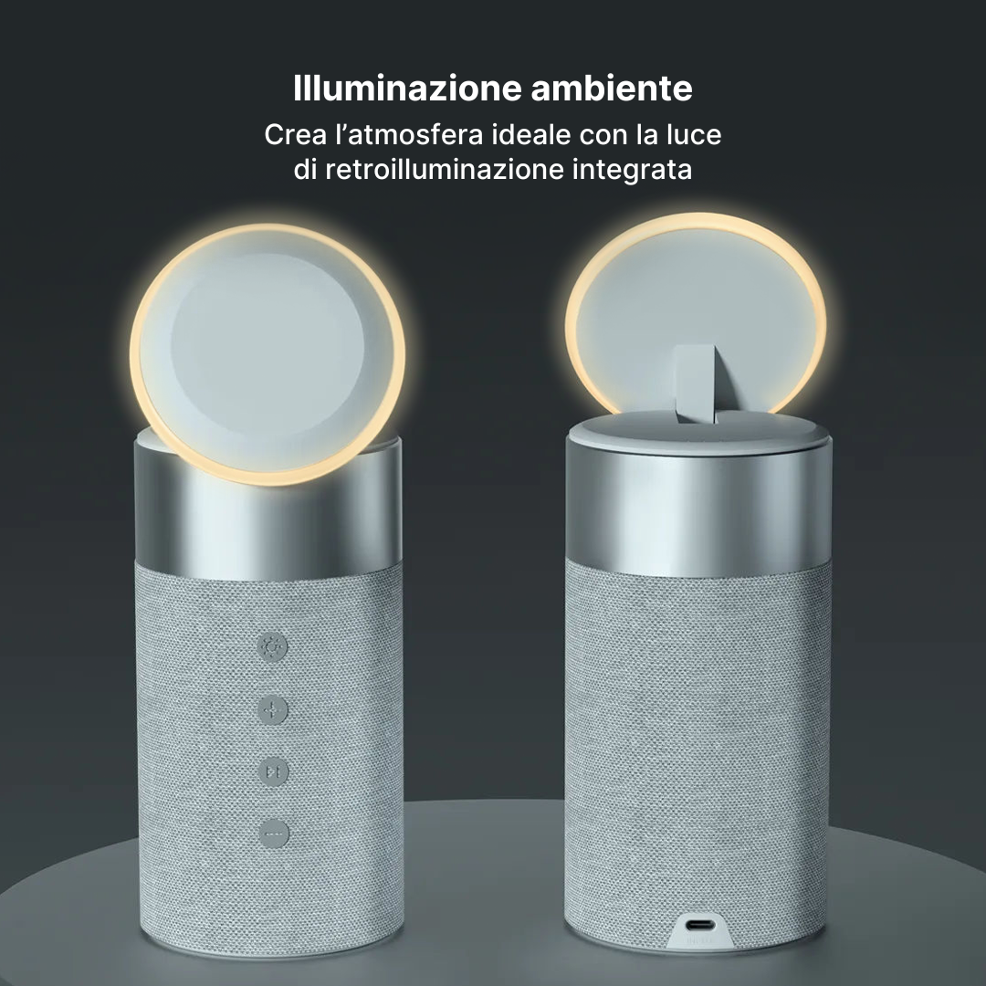 Stazione di Ricarica Wireless 3 in 1 con Altoparlante Bluetooth e Luce Notturna