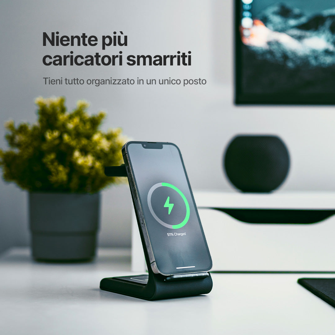 Stazione di Ricarica Wireless 3 in 1, Compatibile con Apple, Samsung, Orologi e AirPods