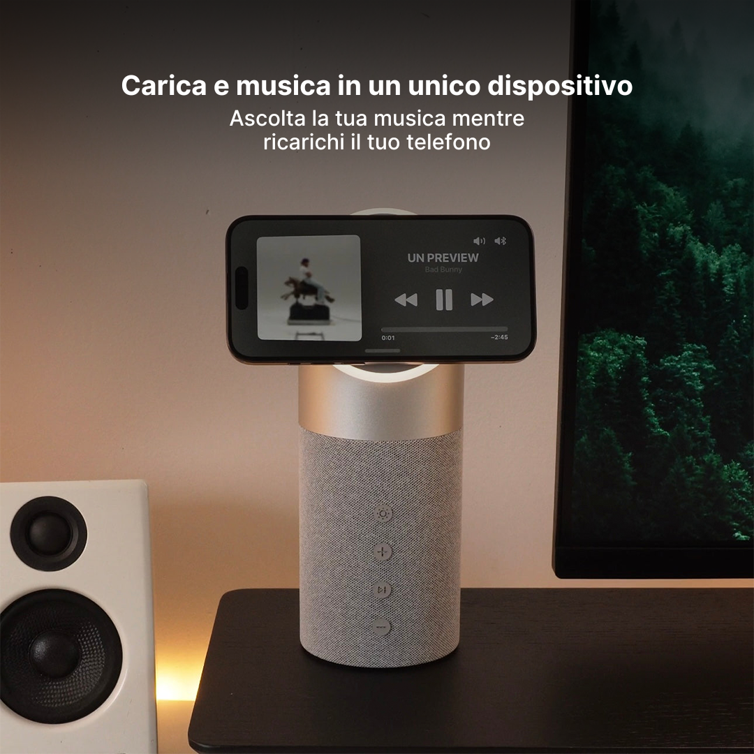 Stazione di Ricarica Wireless 3 in 1 con Altoparlante Bluetooth e Luce Notturna