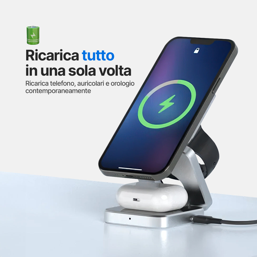 ChargeDeck 3 in 1 Stazione di Ricarica Wireless Pieghevole - Per Apple e Android