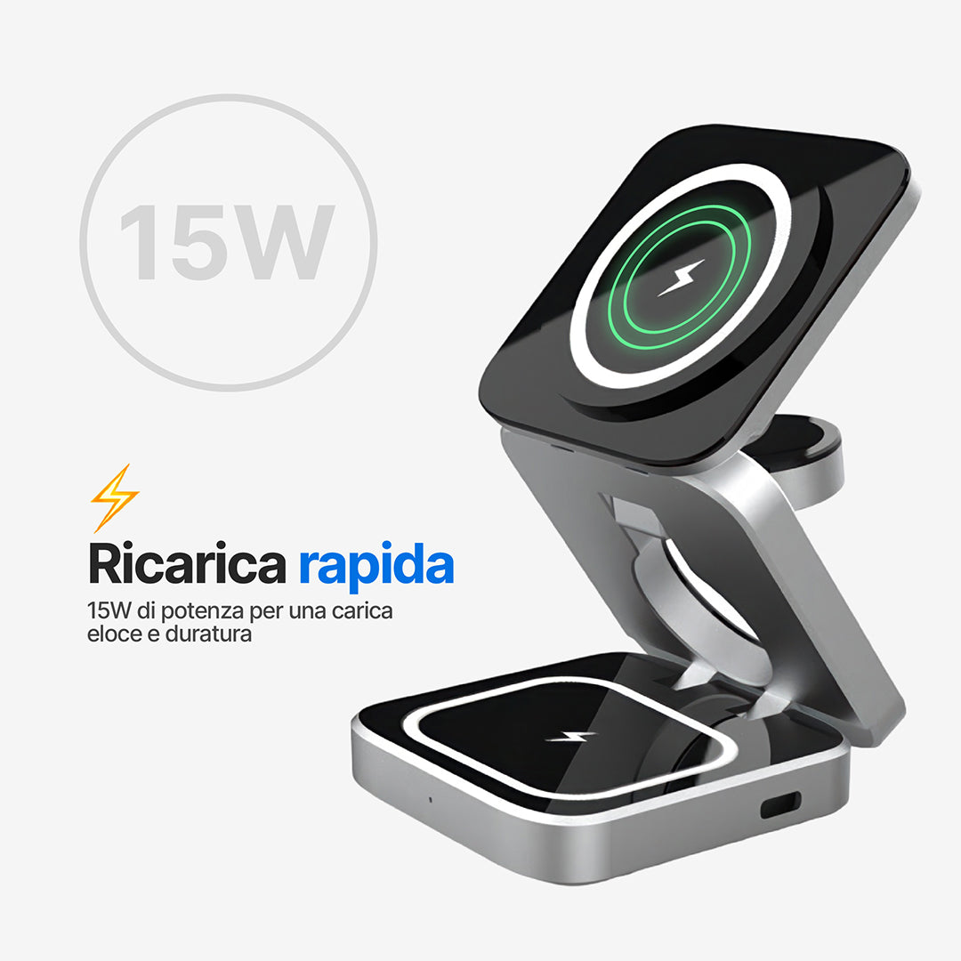 ChargeDeck 3 in 1 Stazione di Ricarica Wireless Pieghevole - Per Apple e Android