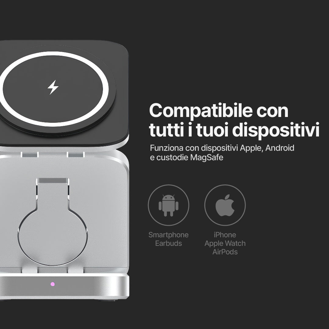 ChargeDeck 3 in 1 Stazione di Ricarica Wireless Pieghevole - Per Apple e Android