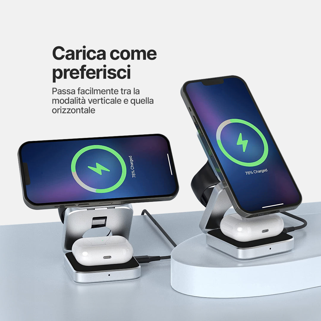 ChargeDeck 3 in 1 Stazione di Ricarica Wireless Pieghevole - Per Apple e Android