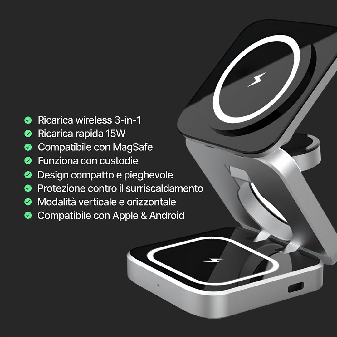 ChargeDeck 3 in 1 Stazione di Ricarica Wireless Pieghevole - Per Apple e Android