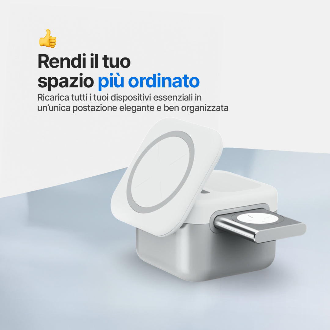 CubeMag Stazione di Ricarica Wireless Magnetica 3 in 1 per Apple e Android