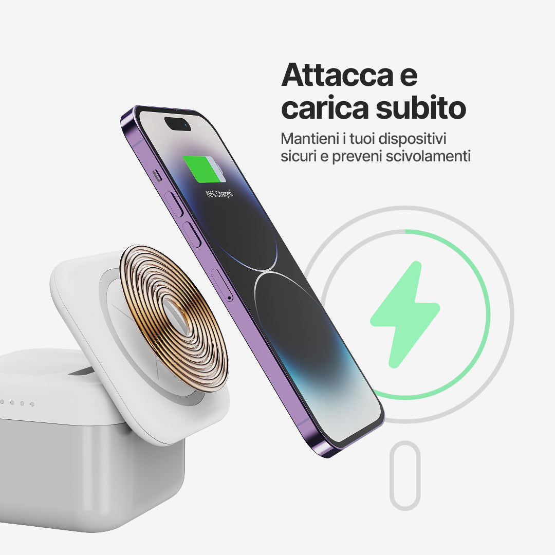 CubeMag Stazione di Ricarica Wireless Magnetica 3 in 1 per Apple e Android