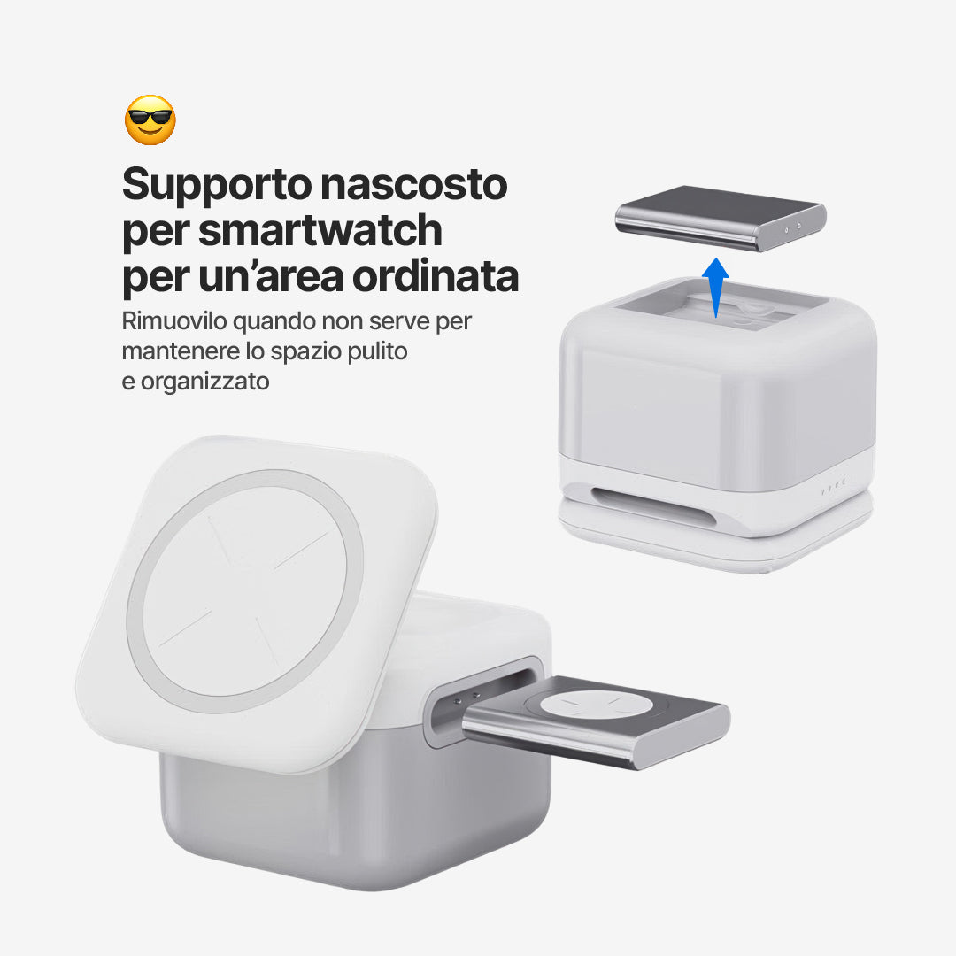 CubeMag Stazione di Ricarica Wireless Magnetica 3 in 1 per Apple e Android