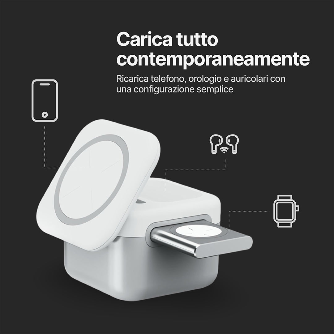CubeMag Stazione di Ricarica Wireless Magnetica 3 in 1 per Apple e Android