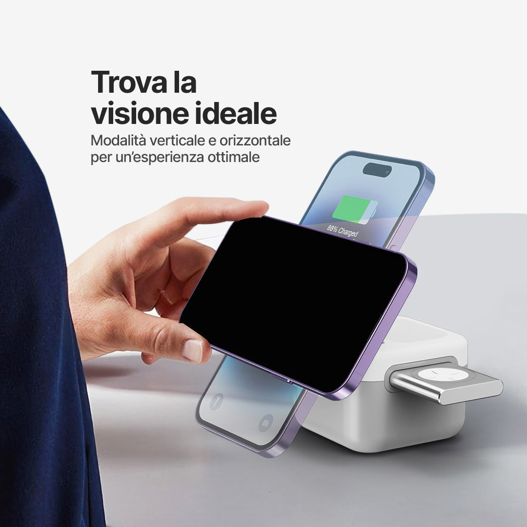 CubeMag Stazione di Ricarica Wireless Magnetica 3 in 1 per Apple e Android