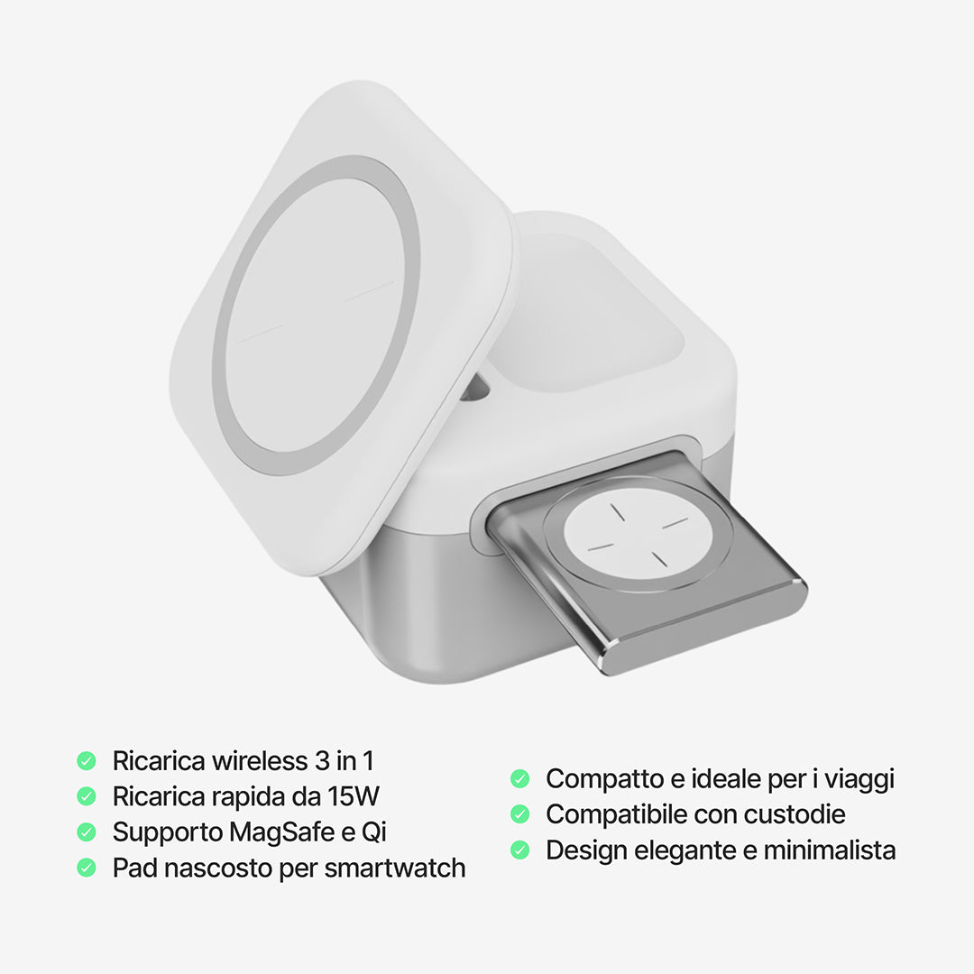 CubeMag Stazione di Ricarica Wireless Magnetica 3 in 1 per Apple e Android