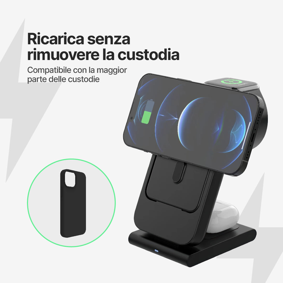 PowerMag 3 in 1 Caricatore Wireless Magnetico con Supporto