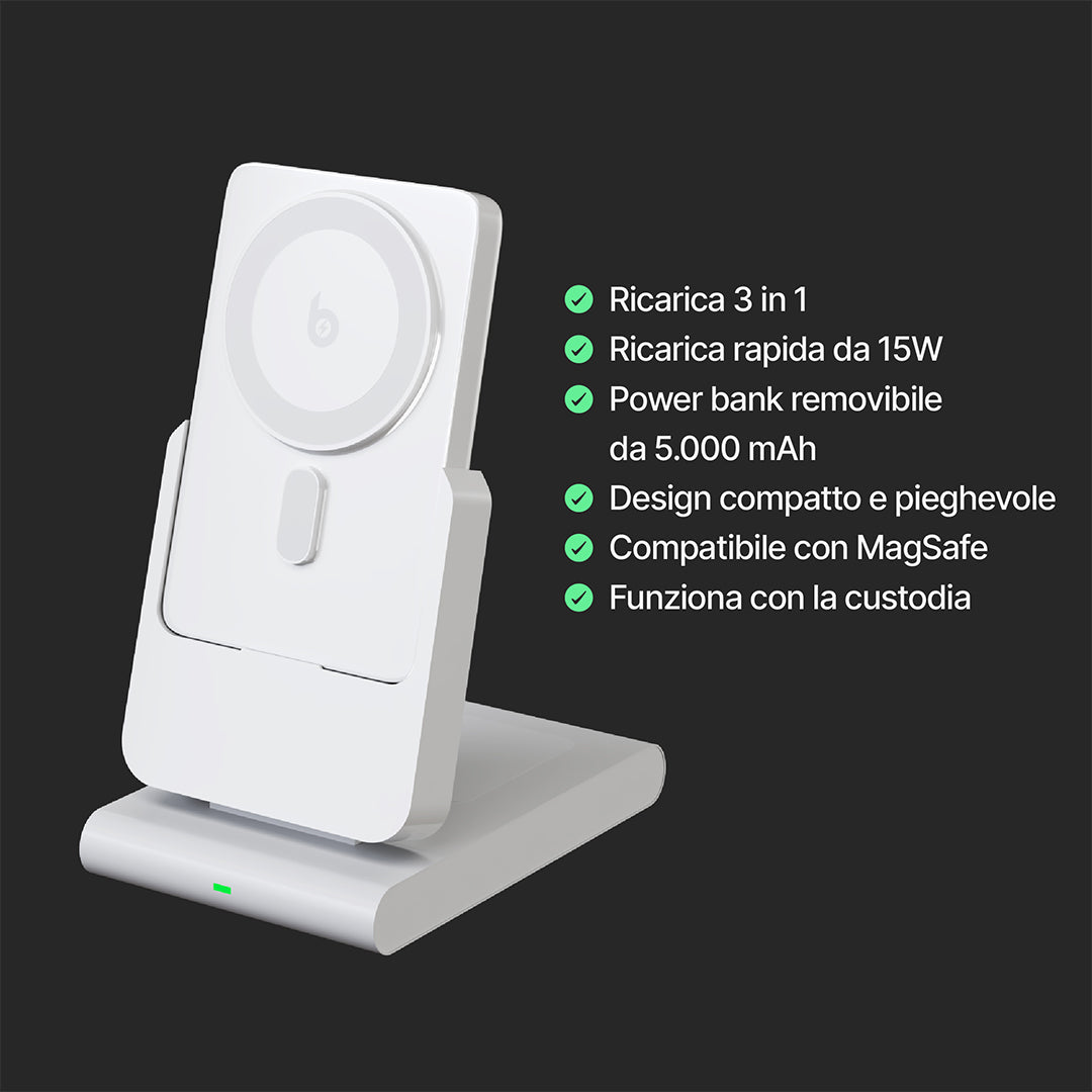 PowerMag 3 in 1 Caricatore Wireless Magnetico con Supporto
