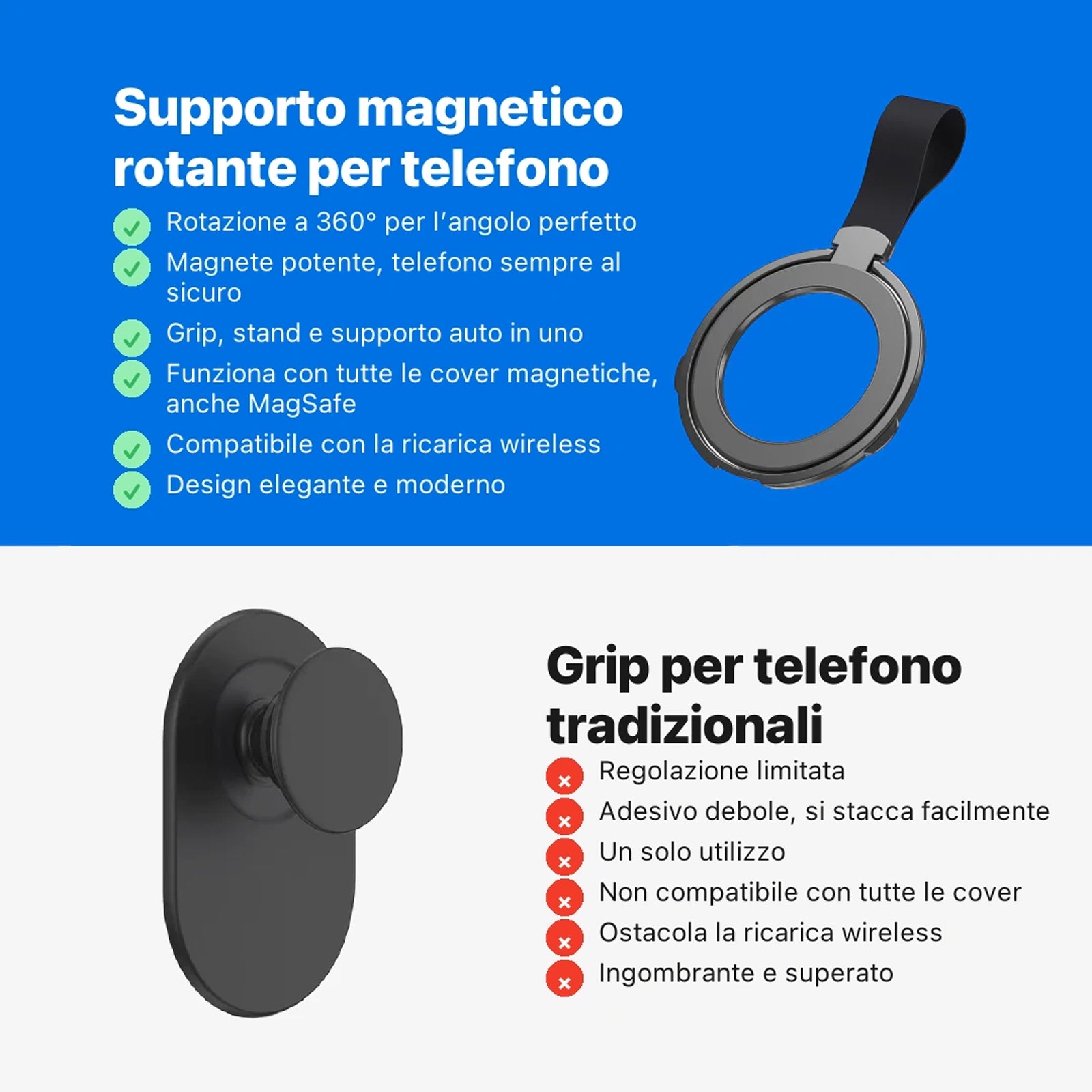 Supporto Magnetico Rotante per Telefono con Anello Pieghevole