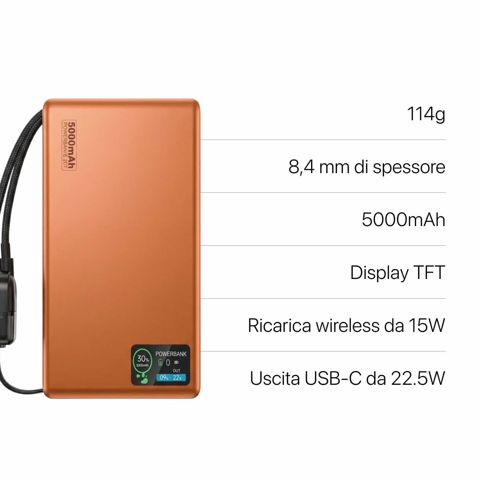 Power Bank Q2 Ultra Sottile da 22,5 W con Display